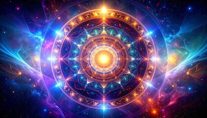Obraz premium Sacred Cosmic Mandala: A Luminous Gateway Amidst Swirling Nebulae and Stars