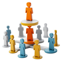 Hierarchical structure with stylized figures representing leadership and teamwork in an organization demonstrating levels of management and collaboration on transparent background