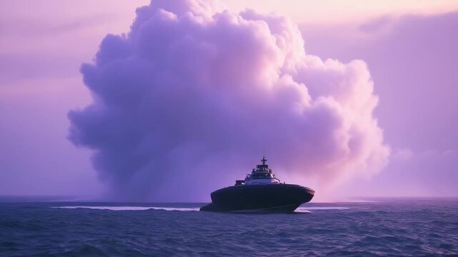 Powerful large hovercraft rapidly traverses open water creating a magnificent intense plume of water spray at high speed