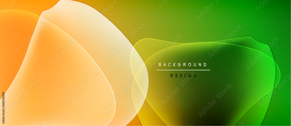Poster abstract gradients blend orange, yellow, green. overlapping layers create dynamic visual effect. min
