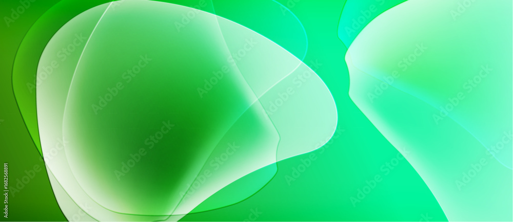 Poster abstract green shapes overlap, creating soft gradients. fluid forms suggest movement, light interpla