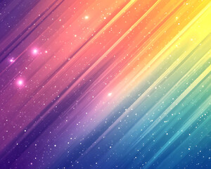 Fototapeta premium Vivid abstract background featuring a diagonal rainbow gradient with a sparkling glitter texture and shining star-like particles