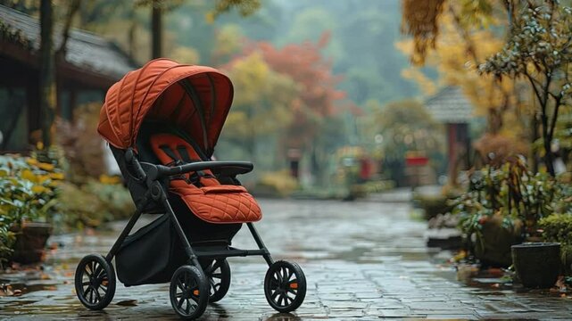 baby stroller in autumn park, stylish baby stroller in autumn, modern baby stroller in autumn leaves
