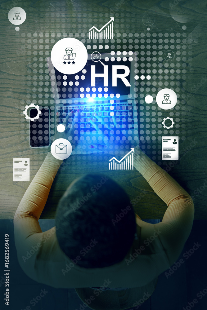 Poster person working on human resources tasks with digital icons representing recruitment and performance 