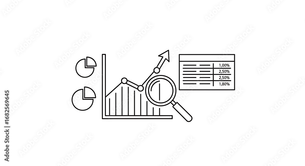 Poster a line drawing of business data with charts graphs and a magnifying glass on a white background