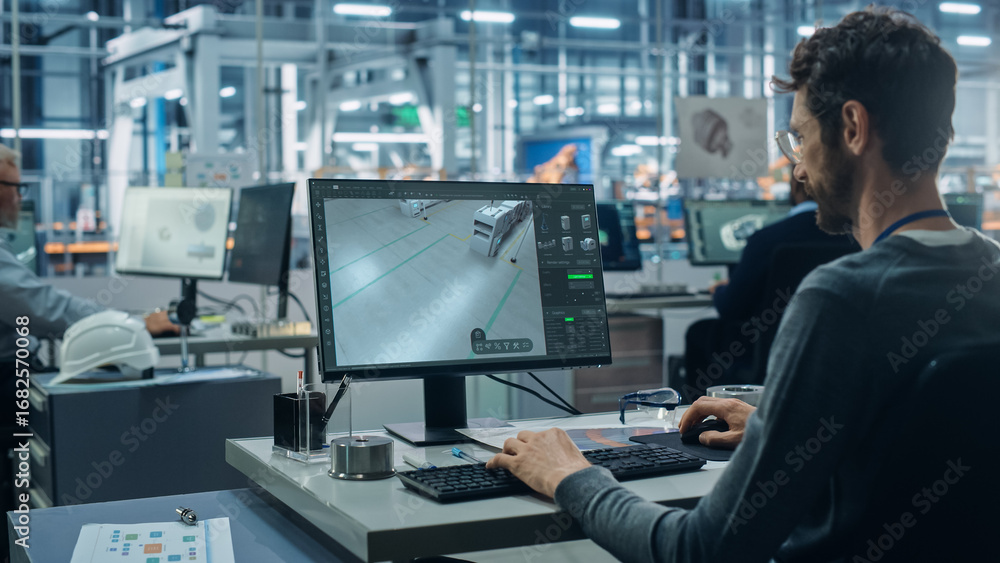 Poster advanced manufacturing: team of engineers collaborate on design of robotic 3d assembly line. screen 