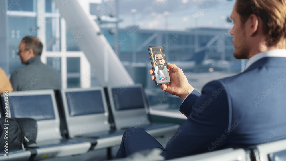 Poster businessman does video call with a client using animated avatar on smartphone at airport. advanced c