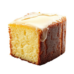 Delicious lemon drizzle cake slice with a glossy icing perfect for dessert or afternoon tea showcasing its texture and flavor on transparent background
