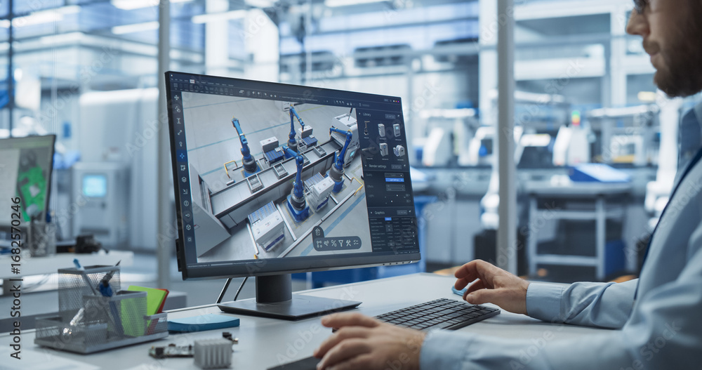 Leinwandbilder factory design production: engineer works with advanced 3d cad software to model robotic assembly li