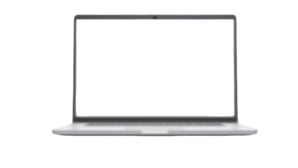 A light gray laptop computer with a blank screen is displayed against a black background.
