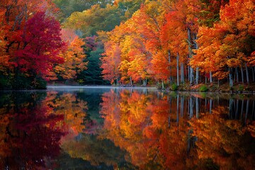 23.	Tranquil autumn lake surrounded by fiery-colored trees, crystal-clear reflection on the water’s surface 
