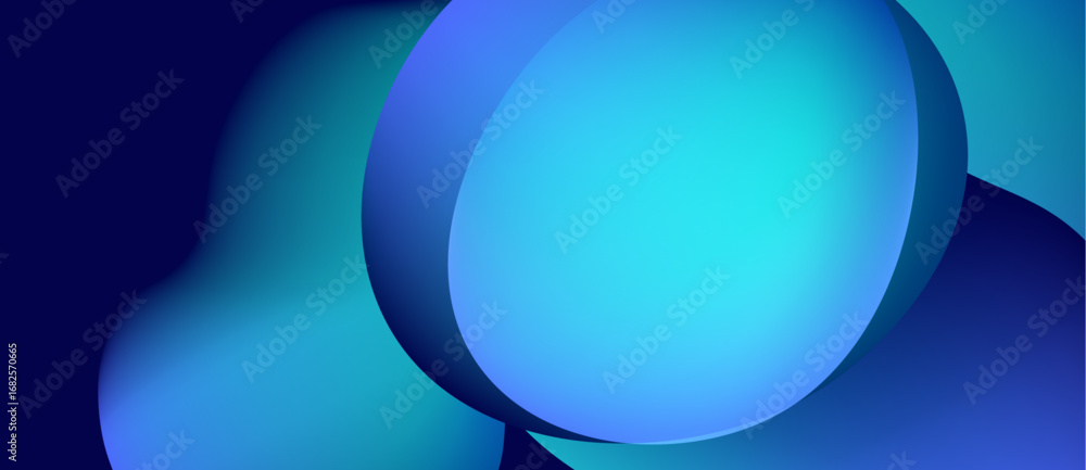 Poster abstract blue shapes overlap, creating fluid forms. gradient shades suggest depth, modern design aes