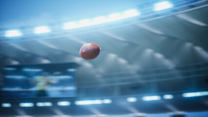 American Football Ball Flying Across Stadium Scoring Victory Goal. Ball's Trajectory Against a Backdrop of Spectators, Cheering Fans, Repeat TV Screens.