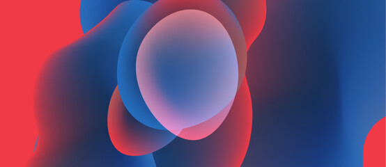 Abstract fluid shapes blend, creating vibrant red, blue gradients. Soft lighting emphasizes organic forms, smooth transitions.
