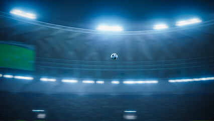 Soccer Ball Flying Across the Stadium. Ball's Flight Leads to Goal, Success, Victory. Swirling...