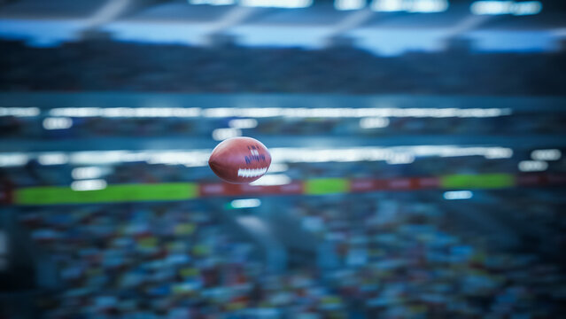 American Football Bll Flying acrross Stadium Field. Packed Arena, Capturing with Cheering Fans, Celebrating Team's Victory. Game Concept. VFX CGI Animated 3D