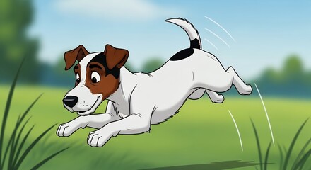 Energetic White and Brown Dog Jumping Outdoors on Green Grass in Sunny Day