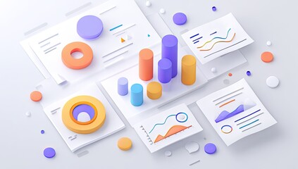 Colorful, 3D data visualization.  Charts, graphs, and diagrams arranged on layered white sheets.  Bright, pastel colors.  Flat, modern style.  Abstract and informative