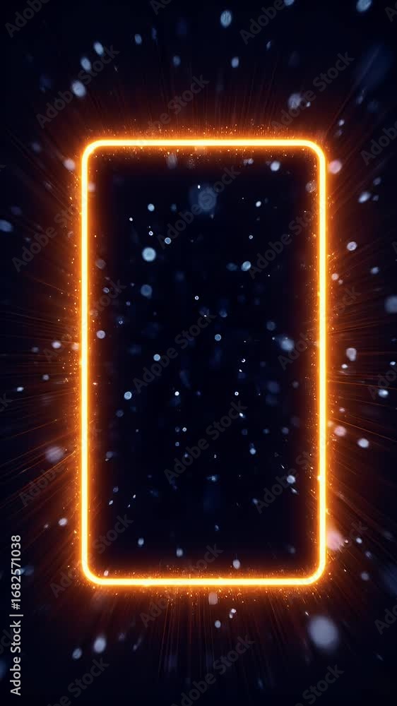 Poster glowing orange frame in dark space with dynamic particle effect