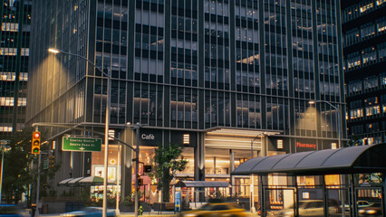 Night Shot of City Street. Skyscraper With Illuminated Office Windows. Ground Floor Businesses, Cafe, Pharmacy. Traffic Lights, Street Signs, Moving Vehicles. Motion Blur Shot