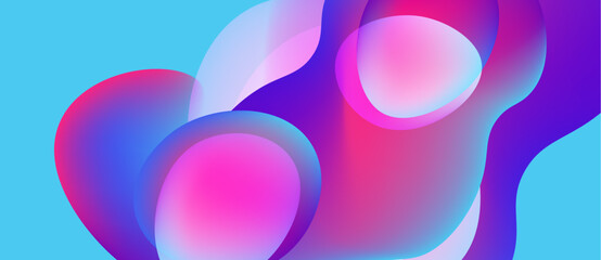 Abstract fluid shapes overlap, creating vibrant pinks, blues, purples. Background is bright turquoise. Smooth gradients define forms.