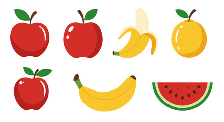 "Vector Flat Fruit Set: Apple, Banana, Watermelon, Orange, Pear"