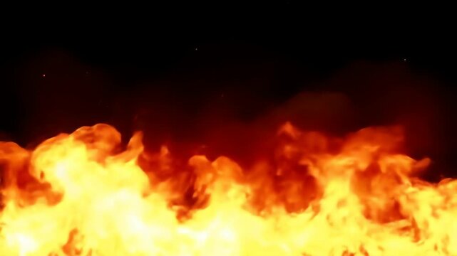 Realistic roaring fire with flames burning fiercely against a black background with flying sparks