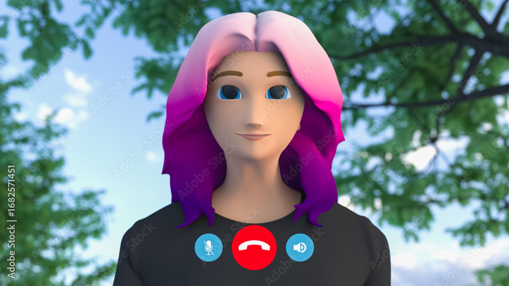 Poster video call with animated avatar. virtual meeting or digital interaction and remote connectivity in m