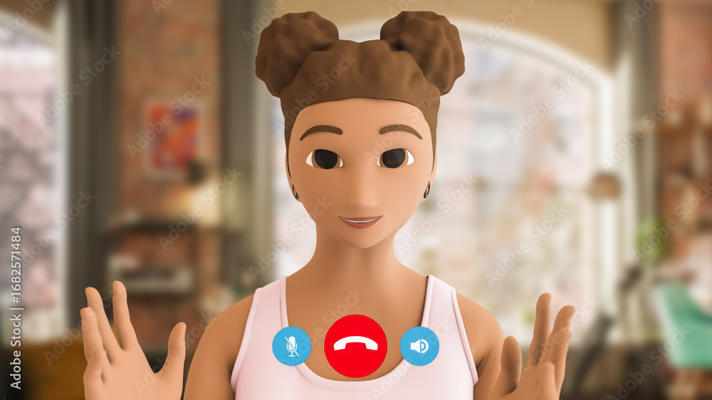 Poster video call with animated avatar. virtual meeting or digital interaction and remote connectivity in m