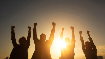 Empowered individuals celebrate success against sunset backdrop, raising their fists in unity and joy. scene captures moment of triumph and camaraderie, symbolizing achievement and hope
