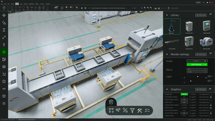 Screen Replacement Software Mockup: Advanced Manufacturing Factory: 3D CAD Software Renders Automated Production Line With Robotic Arms, assembly Conveyors. Moving and Optimizing Machinery