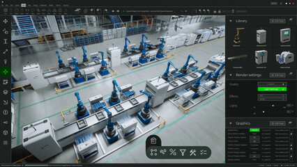 Screen Replacement Software Mockup: Advanced Manufacturing Factory: 3D CAD Software Renders Automated Production Line With Robotic Arms, assembly Conveyors. Moving and Optimizing Machinery