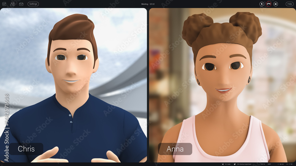 Poster two diverse 3d avatars talk in a dynamic virtual business meeting. video conference simulation, adva
