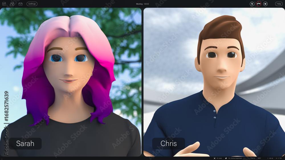 Poster two diverse 3d avatars talk in a dynamic virtual business meeting. video conference simulation, adva