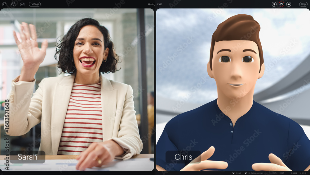 Poster professional woman and animated avatar engage in a virtual meeting, advanced video conferencing tech