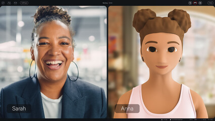 Professional Woman and Animated Avatar Engage in a Virtual Meeting, Advanced Video Conferencing Technology. Split-screen Software Interface Real-time Interaction and Digital Collaboration Tool