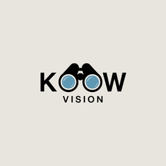 Modern minimalist logo design featuring the word koow with binoculars integrated into the letters o and v representing vision and exploration on a light neutral background