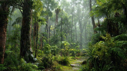 Fototapeta premium Lush green forest with tall trees and dense foliage, creating serene and tranquil atmosphere. scene is filled with vibrant plants and misty ambiance, evoking sense of peace and connection to