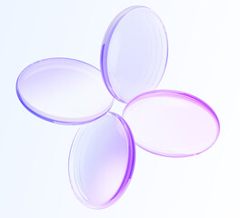 Fototapeta premium 3d crystal glass holographic round disks with circular motion effect. Iridescent transparent lens in flower shape. Circle discs with purple pink gradient, isolated decor element. 3D illustration