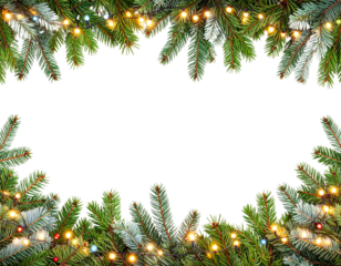 Firefly_Snowflake border. Gold Christmas banner, divide - Firefly_Christmas tree garlands on transparent background. Realistic pine-tree branches with