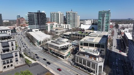 Atlanta upscale Buckhead neighbourhood with residential and commercial highrise buildings, Peachtree Road, Aerial