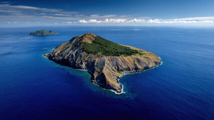 Aerial view of remote island surrounded by deep blue ocean waters, featuring rugged coastline and lush greenery on slopes. serene landscape evokes sense of tranquility and adventure