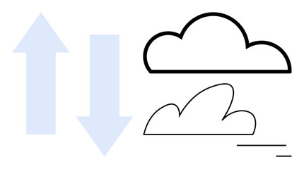 Black outlined clouds with upward and downward blue arrows suggest data exchange and connectivity. Ideal for digital communication, cloud storage, technology, network, innovation, teamwork