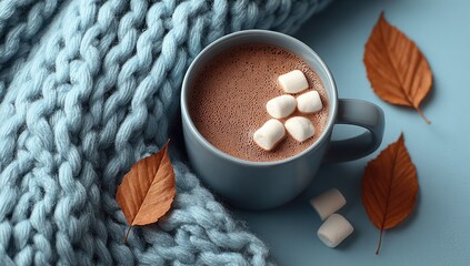 Cozy autumn scene hot chocolate with marshmallows, nestled in a chunky knit scarf and surrounded by autumn leaves
