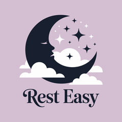 Serene crescent moon with a gentle face rests among soft clouds and twinkling stars conveying a message of peaceful slumber and tranquility