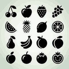 Collection of Various Fruit Silhouettes Cherry Apple Strawberry Grapes Watermelon Pineapple Lemon Orange Pear Bananas Plum Tomato