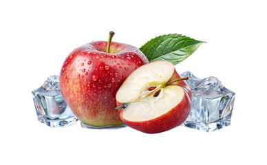 Fresh red apples with ice cubes and a green leaf on white