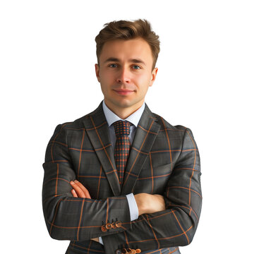 Businessman in checkered suit with arms crossed