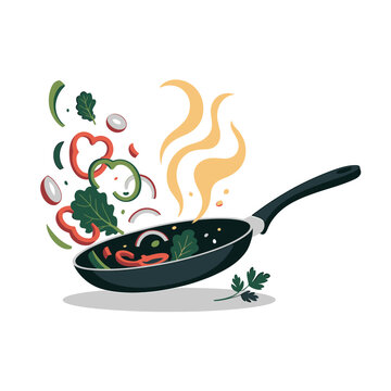 cooking vegetables in pan, flat style clip art preview