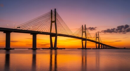 Modern Cable Stayed Bridge at Colorful Sunset Over Calm Water Body